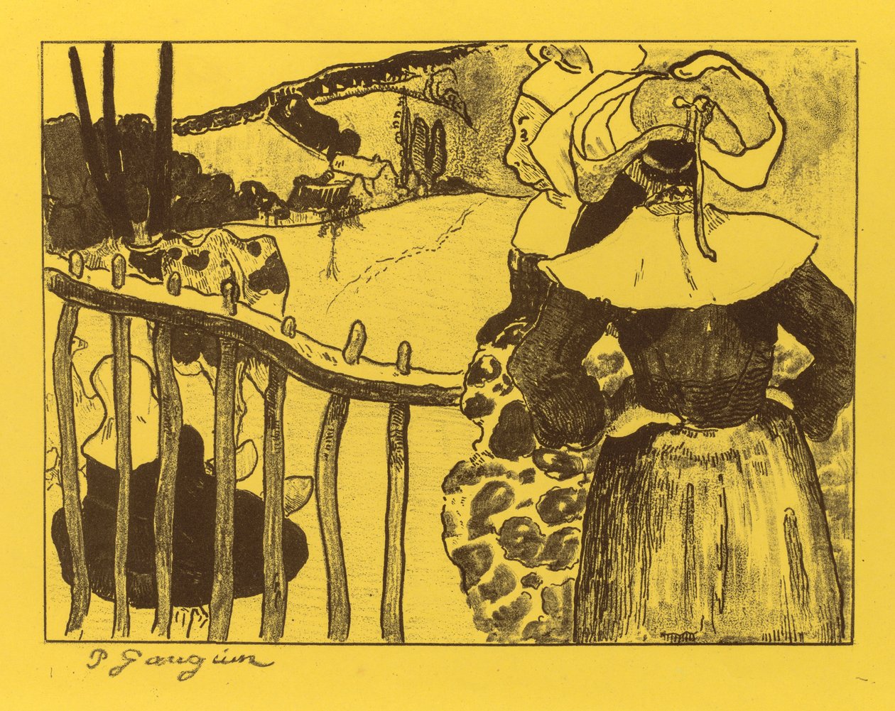 Volpini-sviitti: Breton Women by a Gate Bretonnes at the Barrière, 1889. tekijältä Paul Gauguin