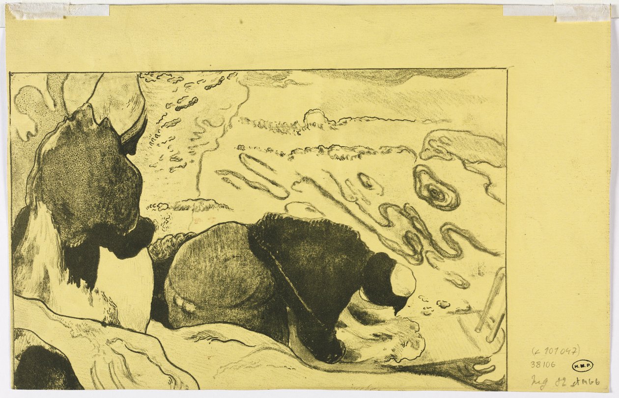 Volpini-sviitti: Naiset pesevät vaatteita verso, 1893-94. tekijältä Paul Gauguin