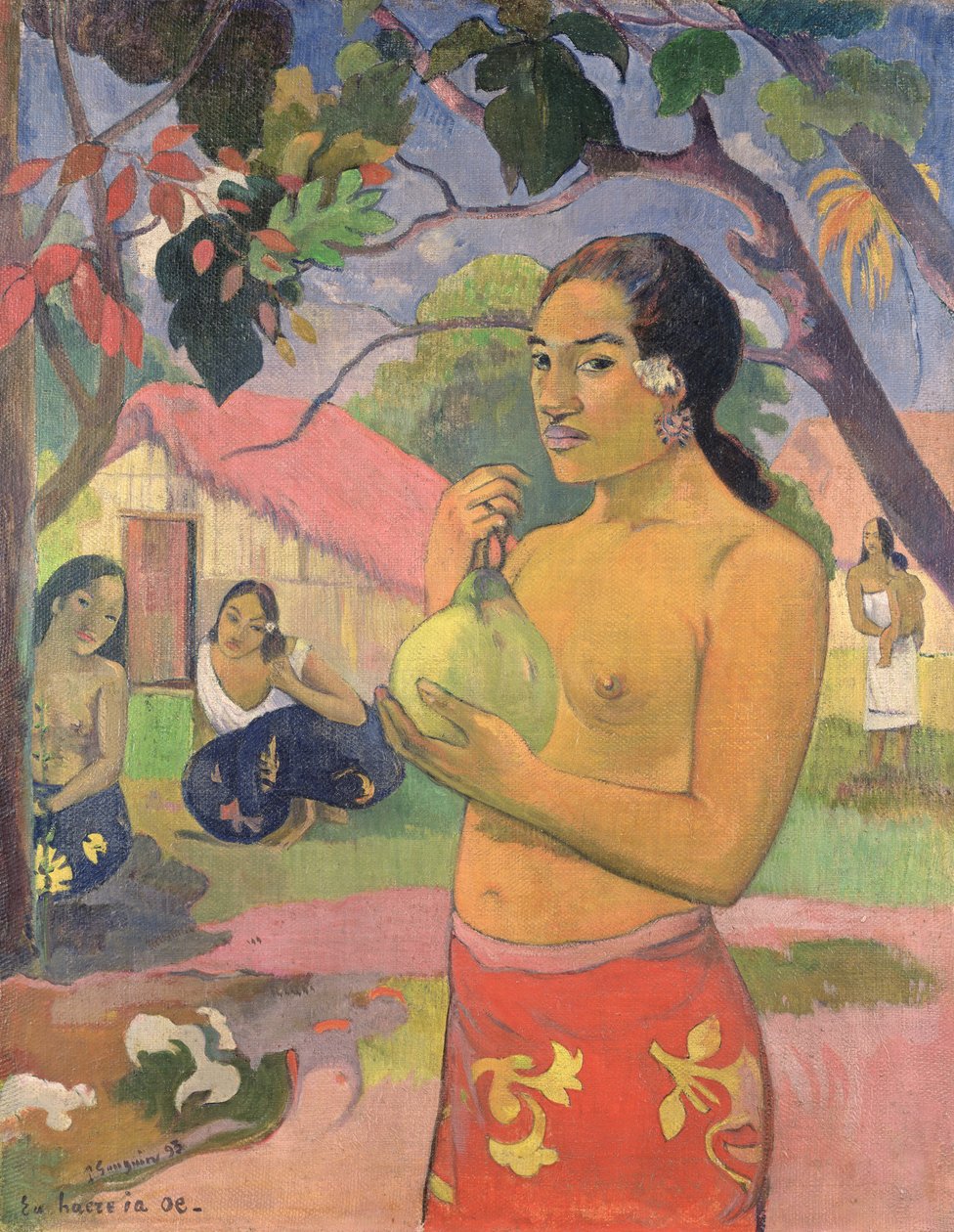 nainen, jolla on hedelmä; Minne olet menossa (Eu haere ia oe), 1893 (öljy kankaalle) tekijältä Paul Gauguin