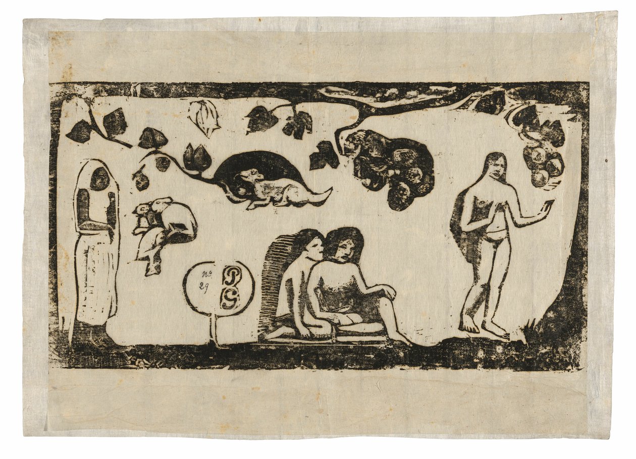 Naiset, eläimet ja lehdet, myöhäisten puupiirrosten sarjasta tekijältä Paul Gauguin