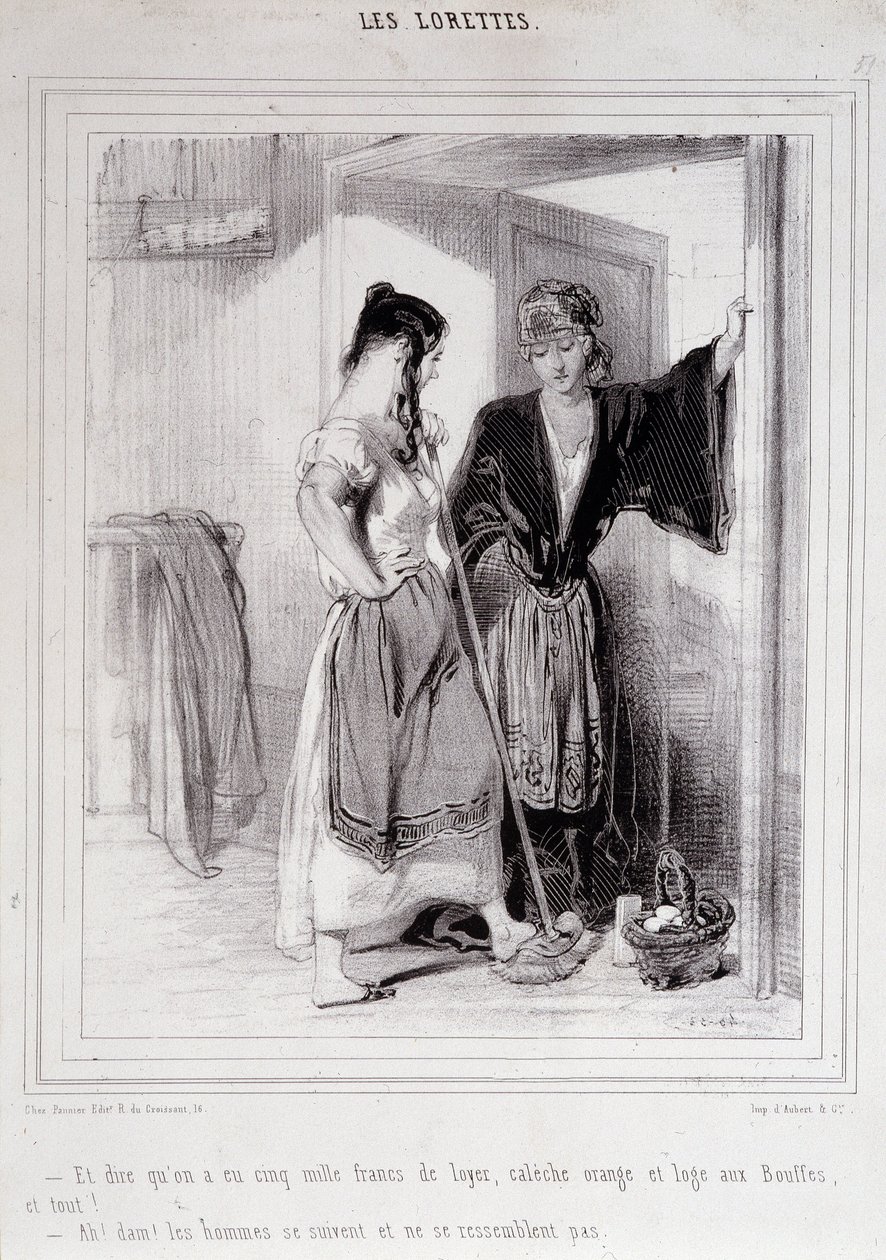 2 köyhää naista keskustelemassa portaissa miehistä, ”Les Lorettes”, Gavarni, n. 1840. tekijältä Paul Gavarni