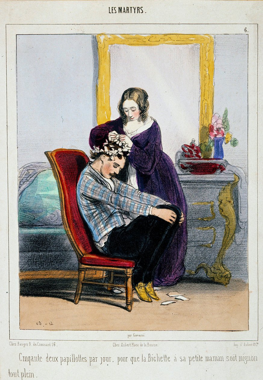 Äiti laittaa kihartimet pojalleen. Paul Gavarnin (1804-1866) sarjakuva 1800-luvun Pariisi, koristetaide tekijältä Paul Gavarni
