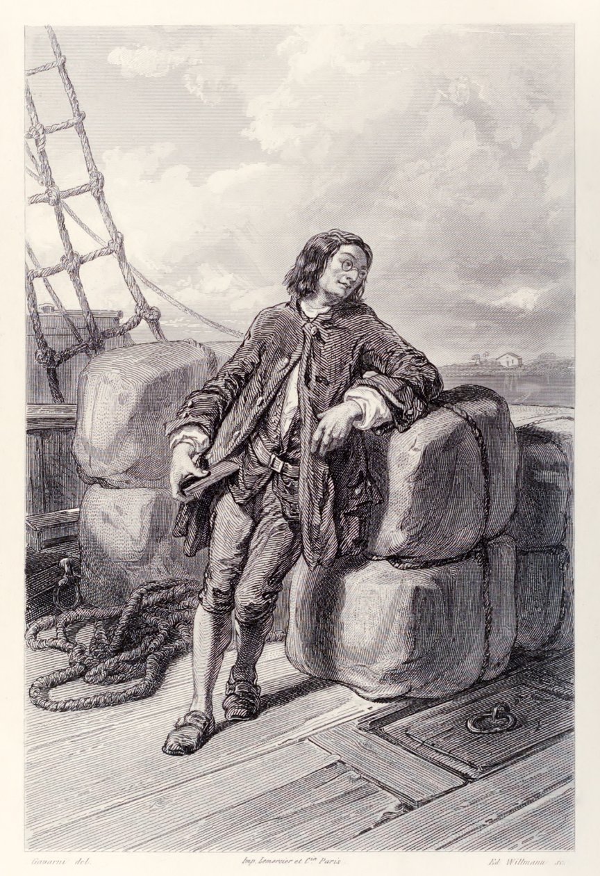 Kapteeni Lemuel Gulliver merellä kauppalaivallaan, Jonathan Swiftin teoksen Gullivers Travels ranskalaisesta painoksesta. tekijältä Paul Gavarni
