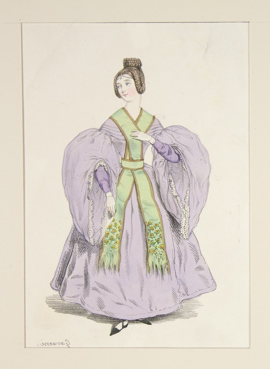 ILTATILAISUUDESSA. (Maaliskuu 1835.) Silkkimusliinipuku... tekijältä Paul Gavarni
