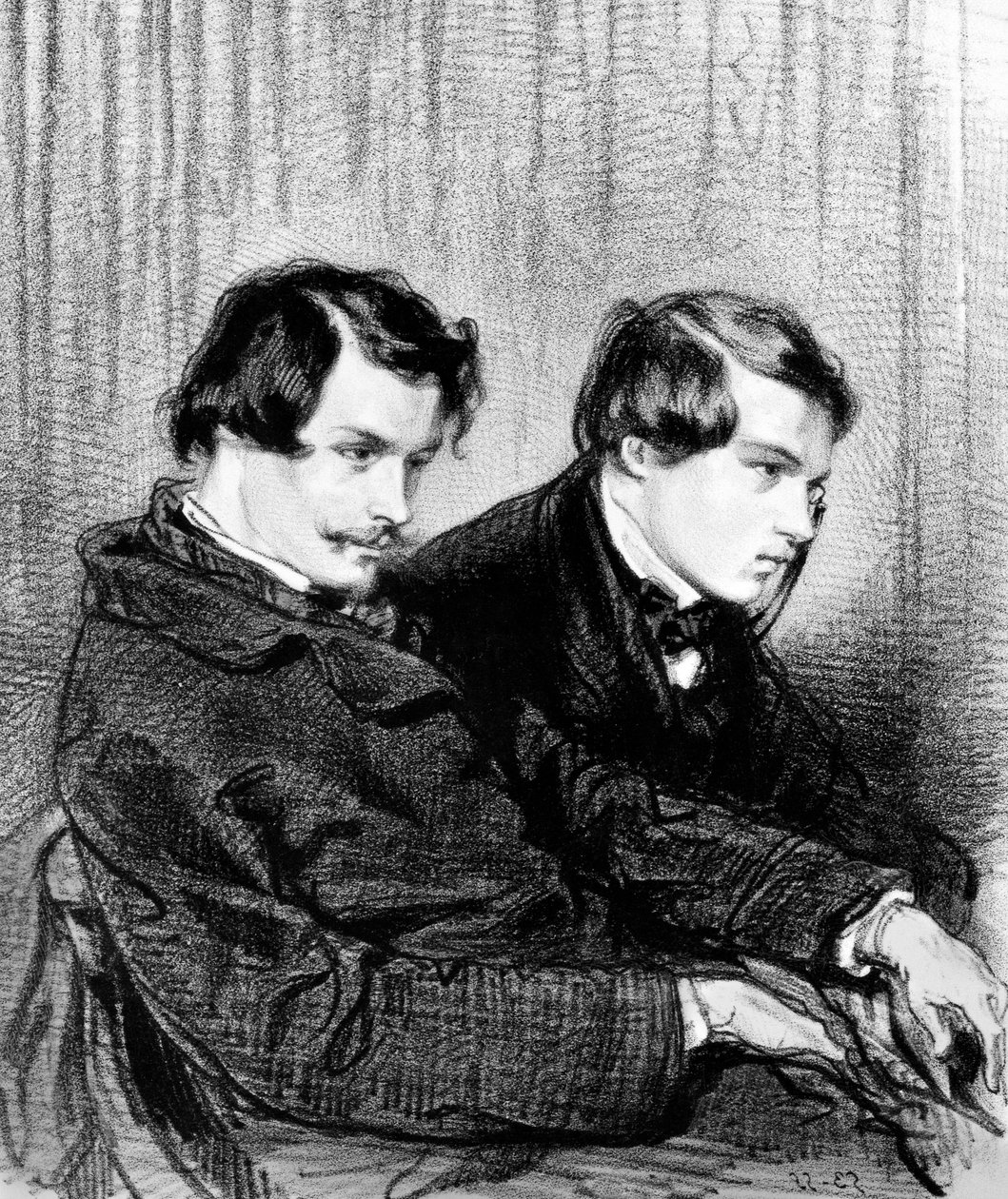 Goncourtin veljekset - Edmond de Goncourt (1822-1886) ja Jules de Goncourt (1830-1870) laatikossa teatterissa tekijältä Paul Gavarni