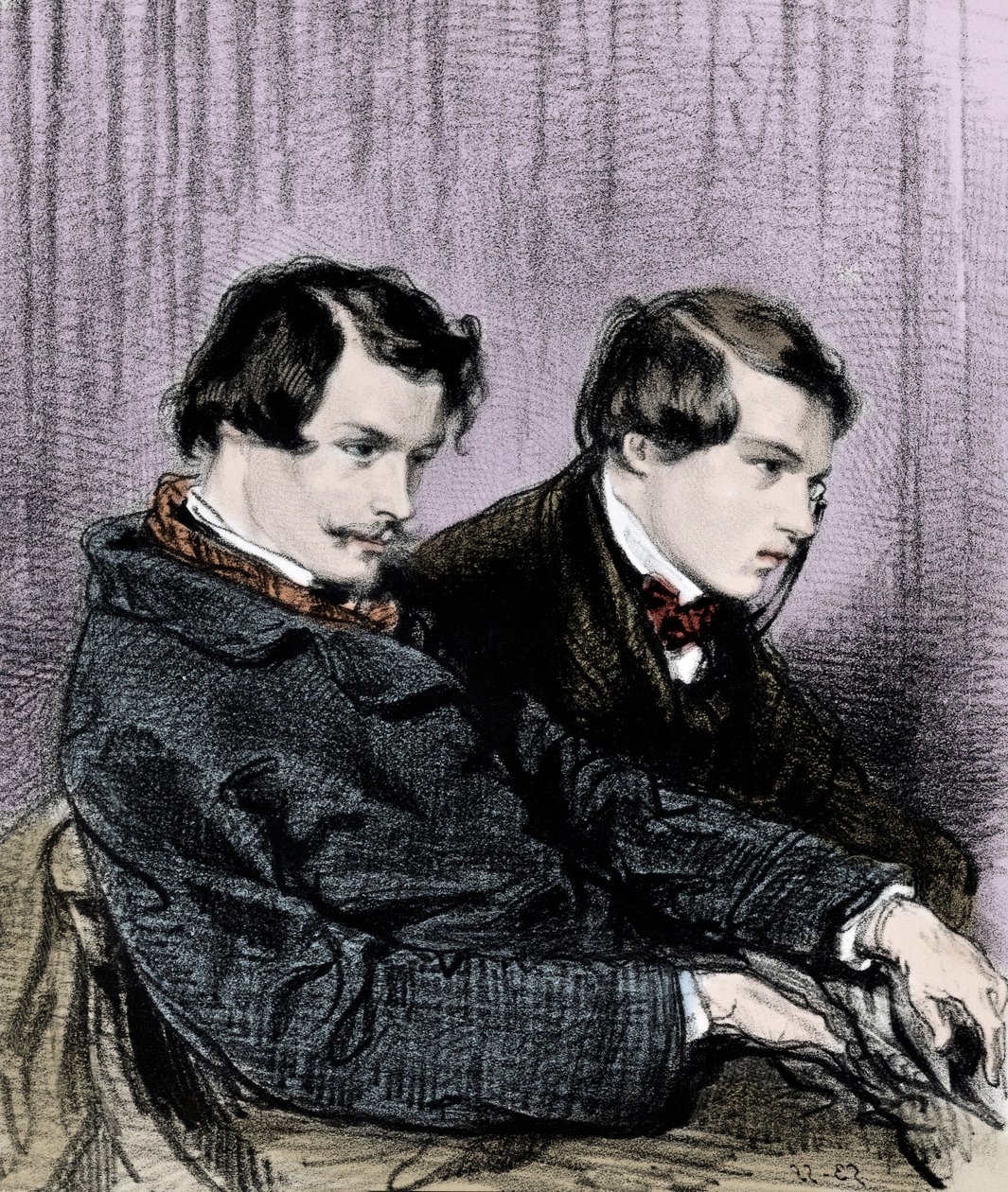 Goncourtin veljekset - Edmond de Goncourt (1822-1886) ja Jules de Goncourt (1830-1870) laatikossa teatterissa tekijältä Paul Gavarni