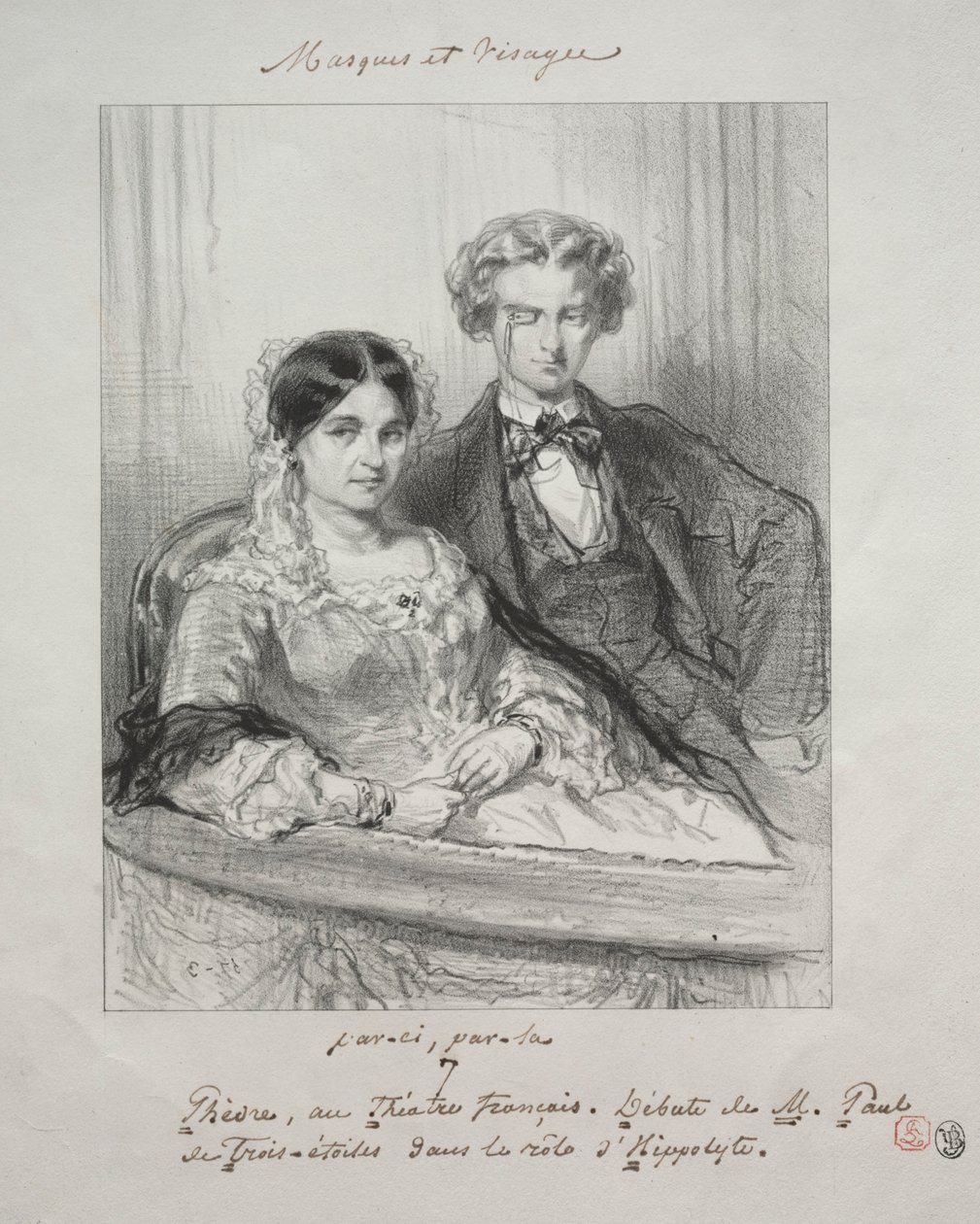 Naamiot ja kasvot: Paric, par-la: Phèdre at the Théâtre-Francais..., 1857-1858. tekijältä Paul Gavarni