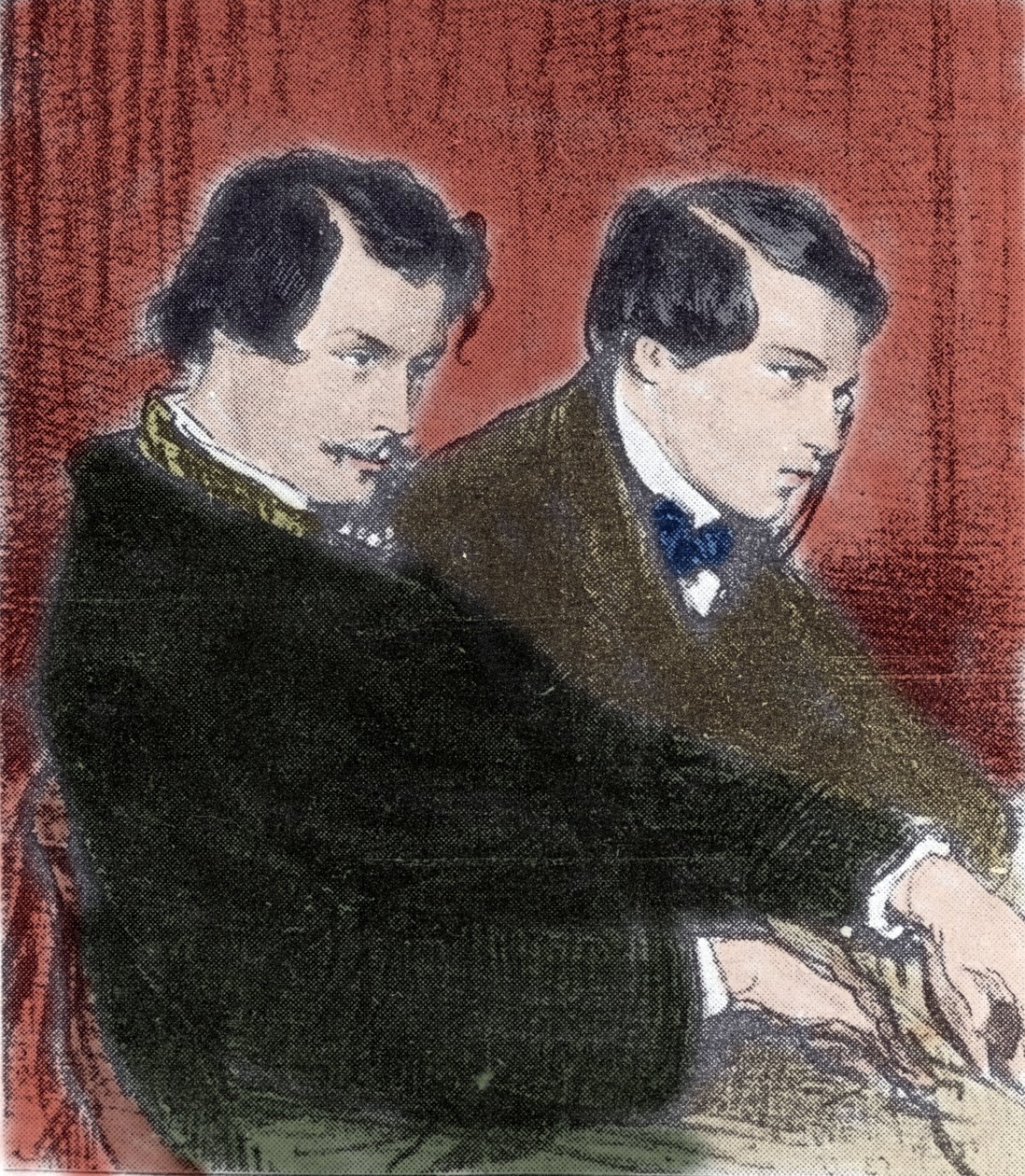 Edmond Goncourtin (1822-1896) ja Jules Goncourtin (1830-1870) kirjailijoiden veljien muotokuva. Paul Gavarnin (1804-1866) piirustus 1800-luku tekijältä Paul Gavarni