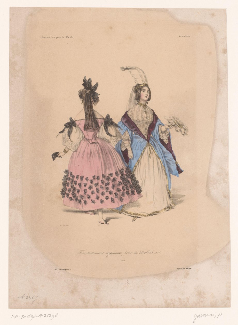 Kaksi naista juhlapukuissa Transvestissemens originaux pour les Bals de 1834 (otsikko esineessä) Mielikuvitukselliset vaatteet (sarjan nimi) Fantaisies (sarjan nimi esineellä) tekijältä Paul Gavarni