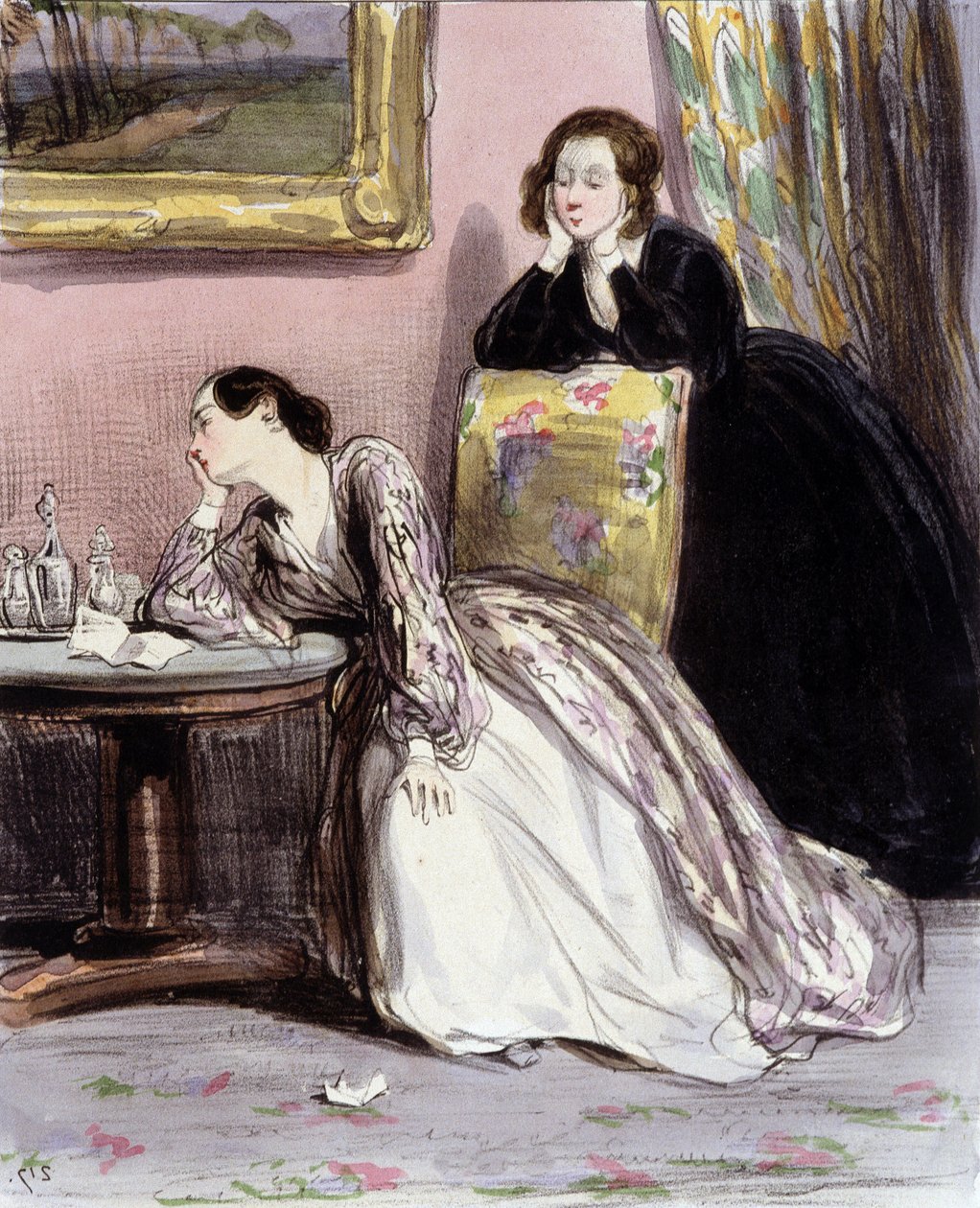 Kaksi naista keskustelussa rakastajista, "Fourreries de femmes", Gavarni, n. 1840. tekijältä Paul Gavarni
