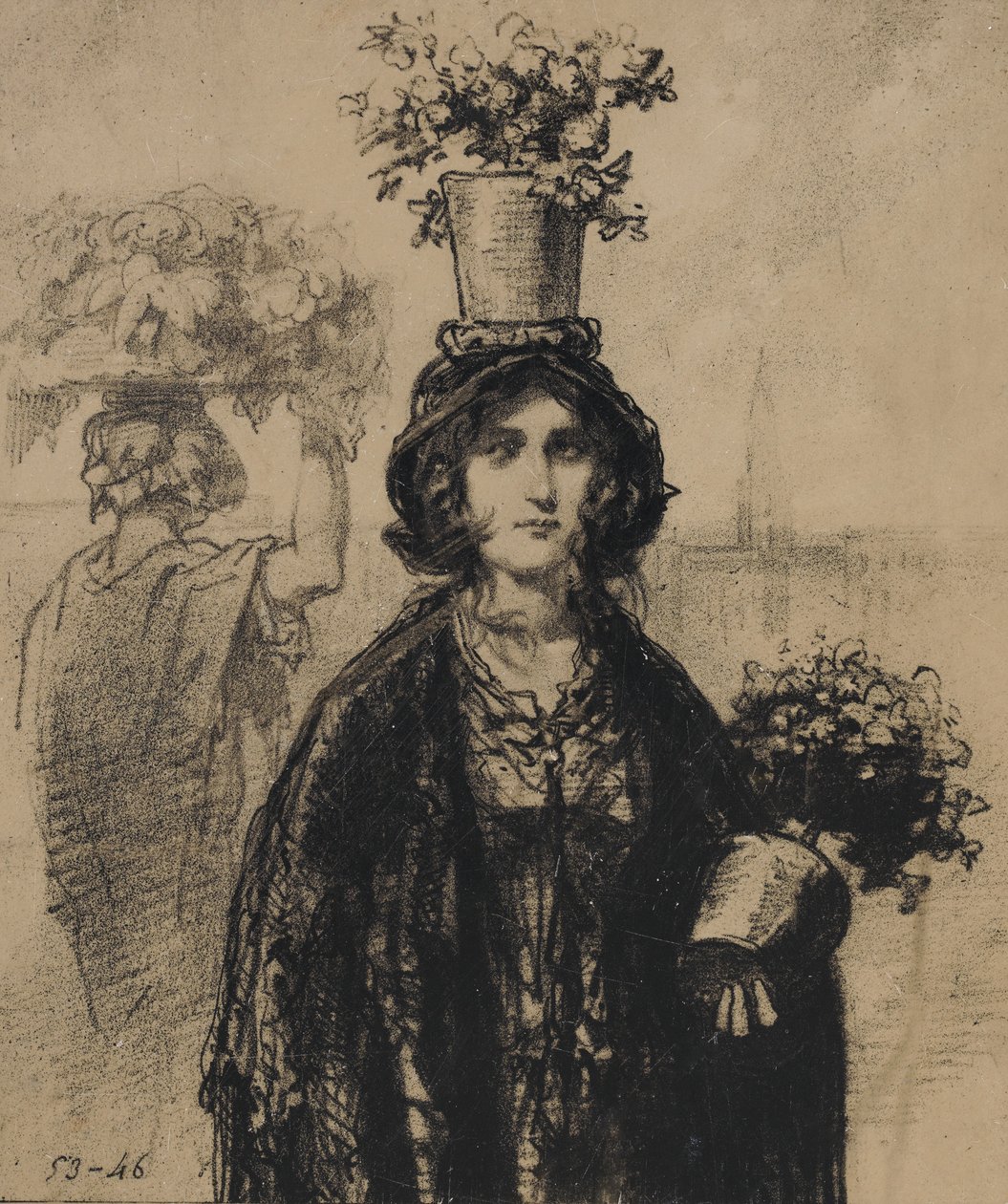 Käytämme tänä keväänä paljon kukkia, etenkin hatuissa Fashionable Magazine, plat..., 1853. tekijältä Paul Gavarni