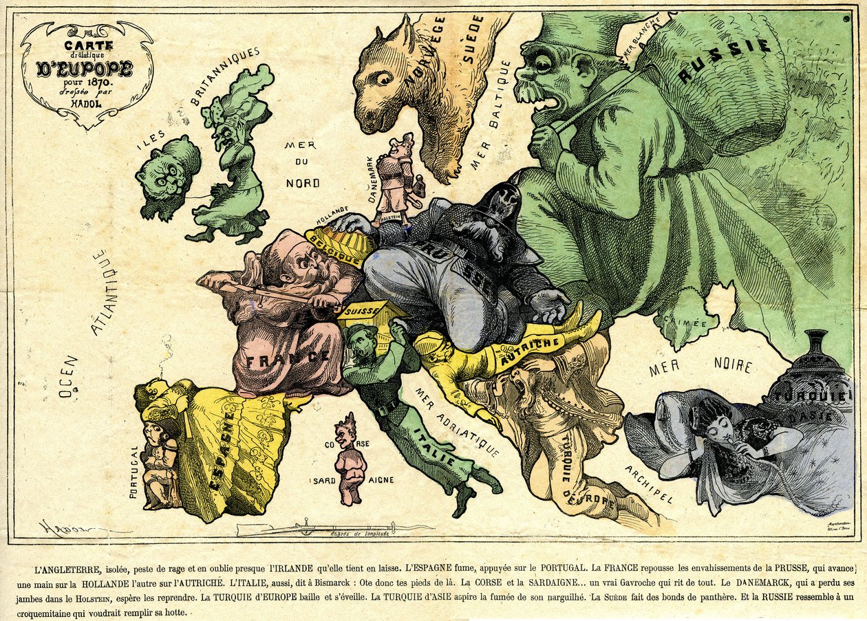 Drolatic Euroopan kartta vuodelta 1870 tekijältä Paul Hadol