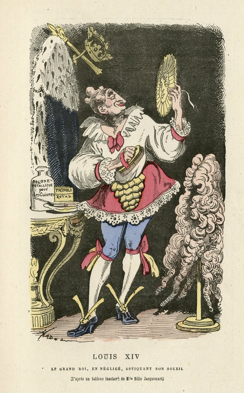 Kuva Hadolista (1835-1875) Histoire de France tintamarresquessa, n. 1880 - Meikki, vanha hallinto, aurinko, peruukki - Louis XIV tekijältä Paul Hadol