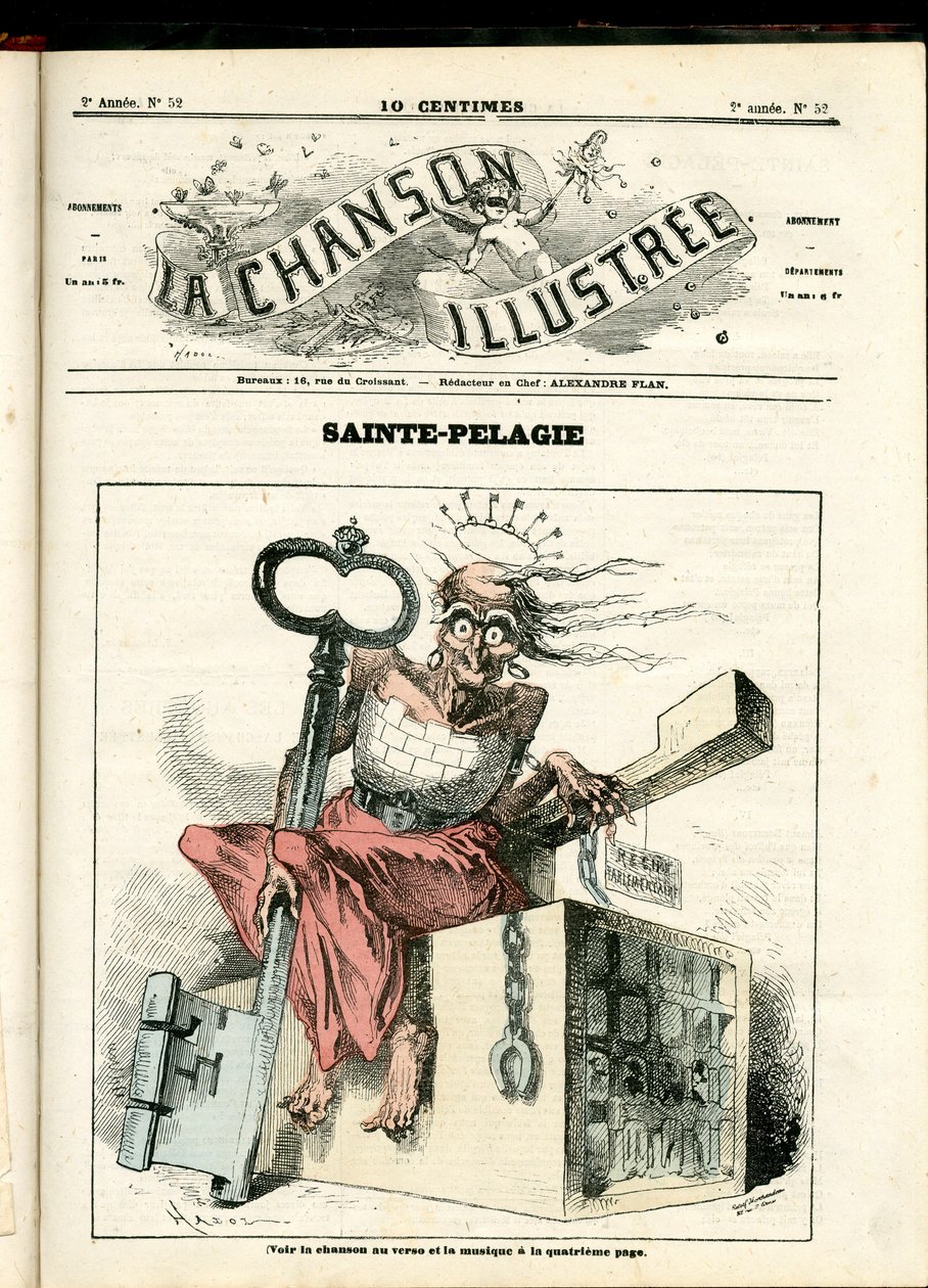 La Chanson illustree (aikakauslehti), numero 52, satiirinen väreissä: Sainte Pelagie - republikaani, vankilat, Sainte Pelagie - kuvitus Hadol (1835-1875) tekijältä Paul Hadol