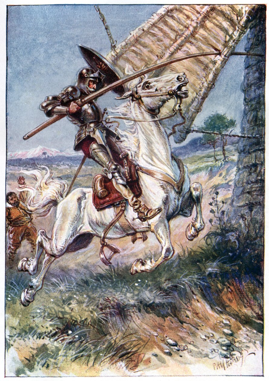 Ja keihänsä ajaminen purjeeseen, kuvitus teoksesta "Don Quijoten seikkailut", julkaisija G. Bell und Sons, Ltd., 1911 tekijältä Paul Hardy