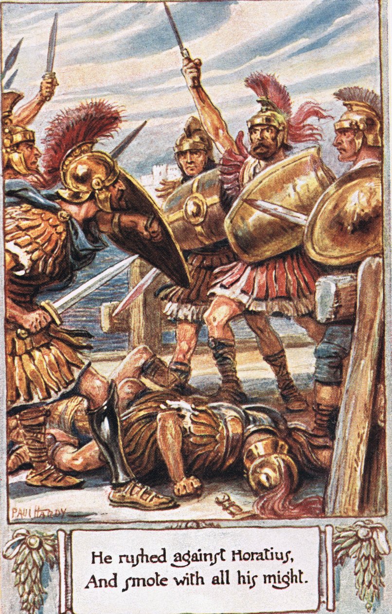 Hän ryntäsi Horatiusta vastaan ja löi hänet kaikin voimin, esimerkki Thomas Babington Macaulayn teoksesta "The Lays of Ancient Rome" tekijältä Paul Hardy