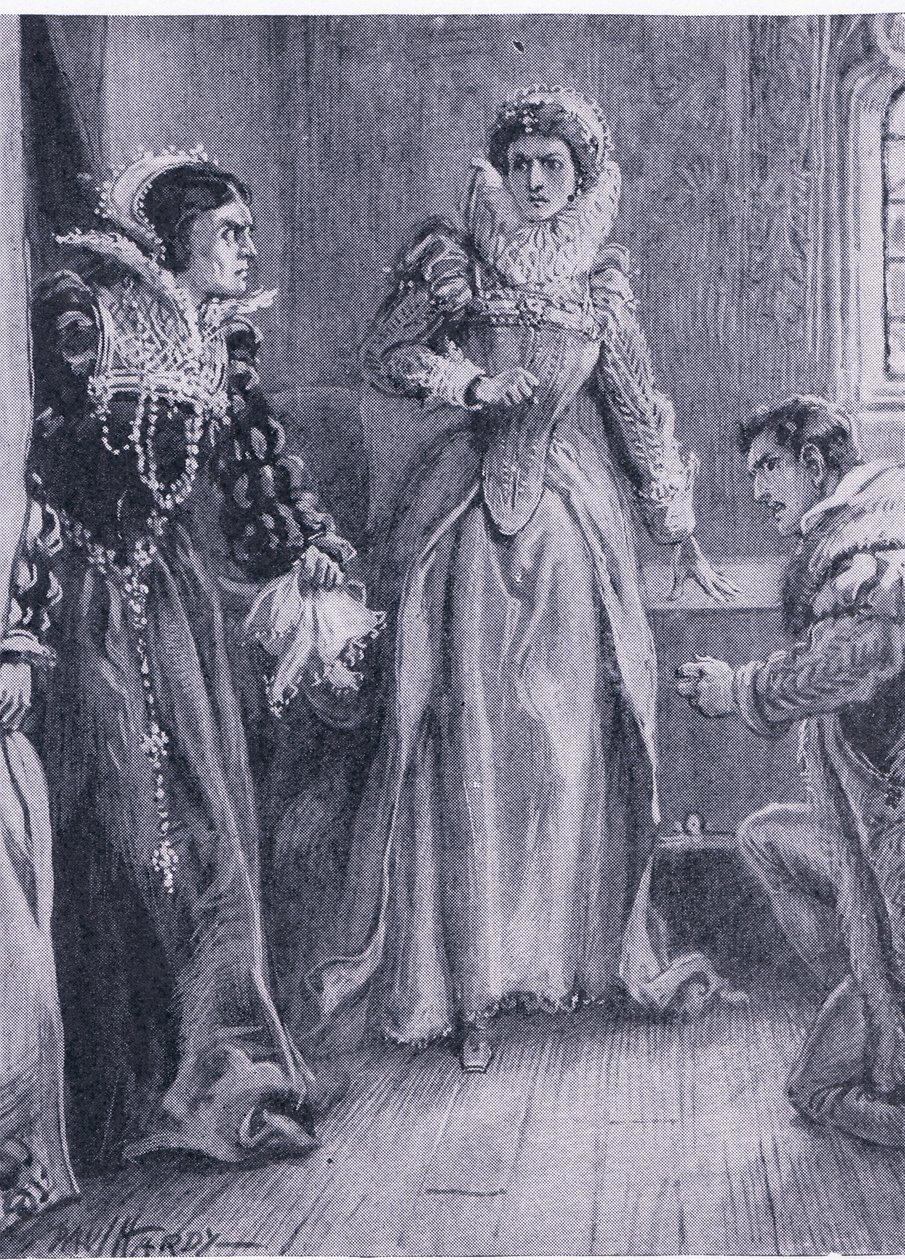 Kuningatar Mary Elizabeth ja Courtenay Vastaan tähän kysymykseen, huudahti Mary heittäen syrjään Arrasin, kuvituksen Maailman parhaiden kirjojen kirjastosta, n. 1940 tekijältä Paul Hardy