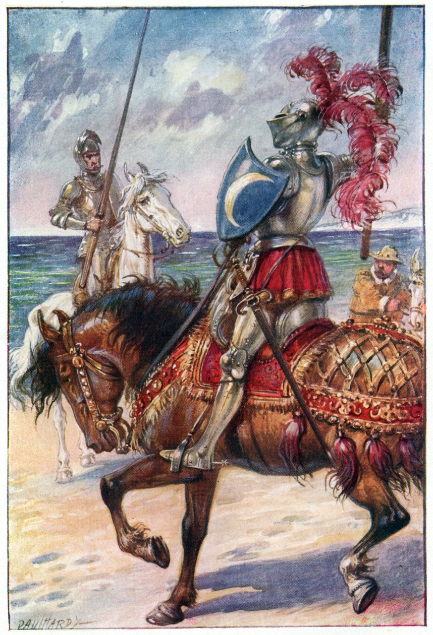 Valkoisen kuun ritari, kuvitus "Don Quijoten seikkailuista", julkaisija G. Bell und Sons, Ltd., 1911 tekijältä Paul Hardy