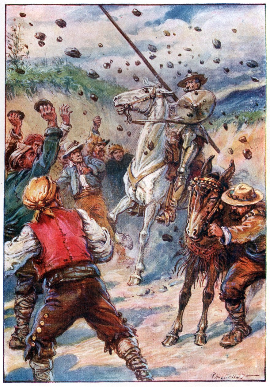 He heittivät Don Quijotea kivisuihkulla, kuva G. Bell & Sons, Ltd:n julkaisemasta Don Quijoten seikkailuista. tekijältä Paul Hardy