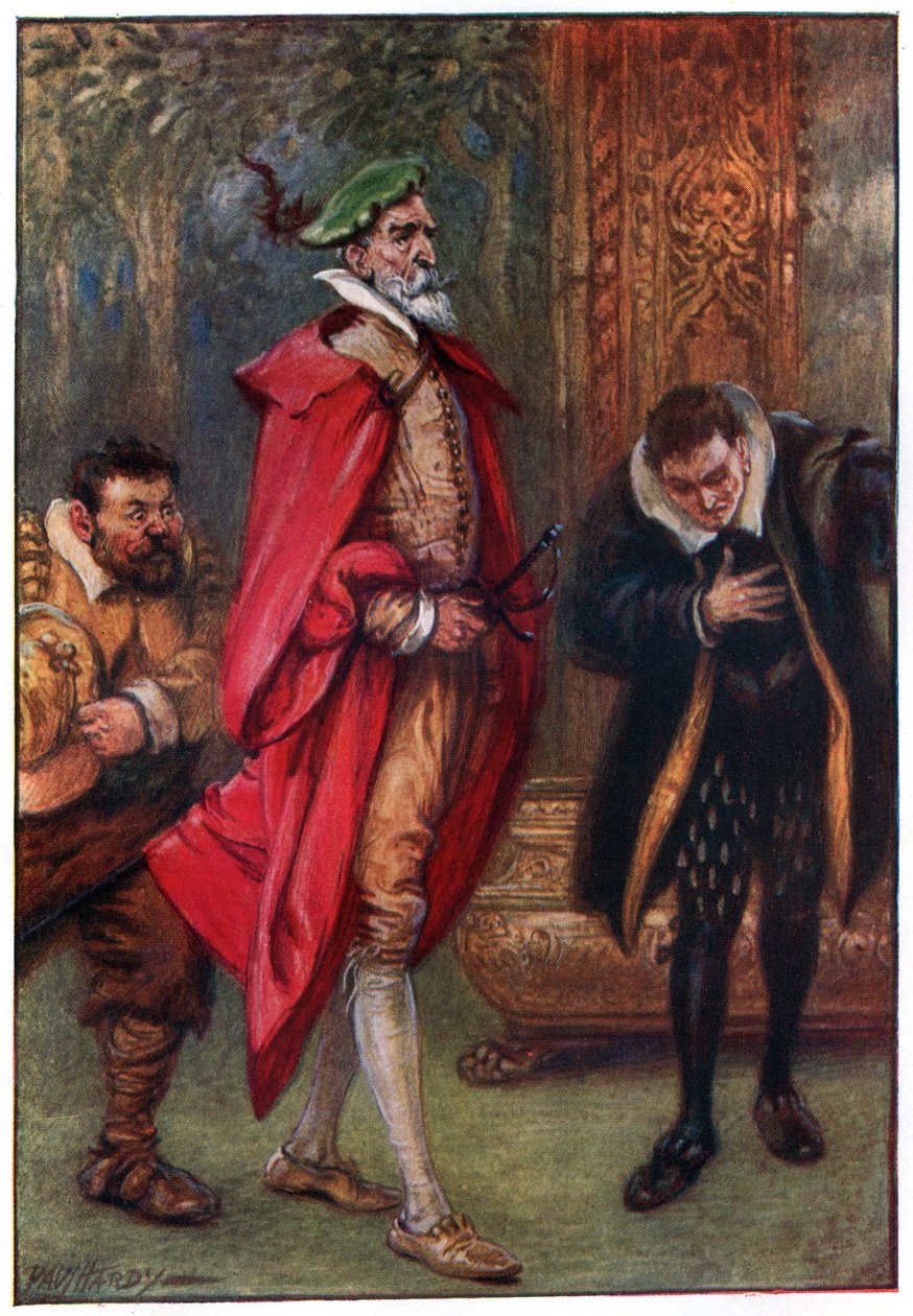 Näin varustautuneena hän saapui kartanohuoneeseen, kuvitus teoksesta "Don Quijoten seikkailut", jonka on julkaissut G. Bell und Sons, Ltd., 1911. tekijältä Paul Hardy
