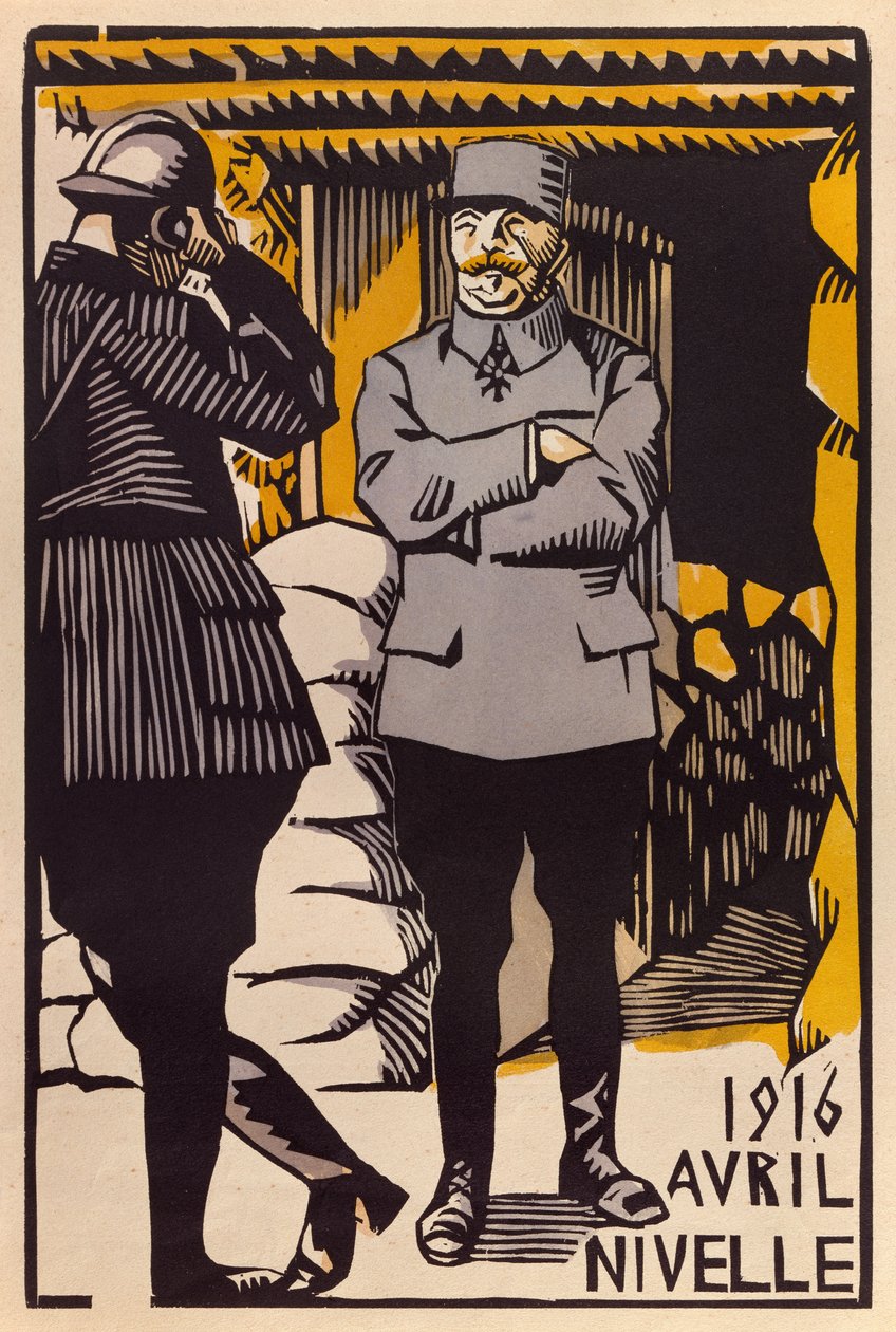Kenraali Nivellen hyökkäys Verdunin taistelun aikana huhtikuussa 1916 (värillinen puupiirros) tekijältä Paul Hermann