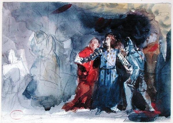 Kuninkaan haamu ilmestyy Hamletille, kohtaus William Shakespearen (1564-1616) Hamletin I näytöksestä (akvarelli paperille) tekijältä Paul Huet