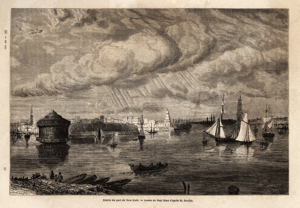 New Yorkin sataman sisäänkäynti, Paul Huetin (1803-1869) piirustus havainnollistamaan L. Devillen matkoja Pohjois-Amerikkaan vuosina 1854-1855. Kaiverrus ”” Le tour du monde”” 1861. Selvan kokoelma. tekijältä Paul Huet