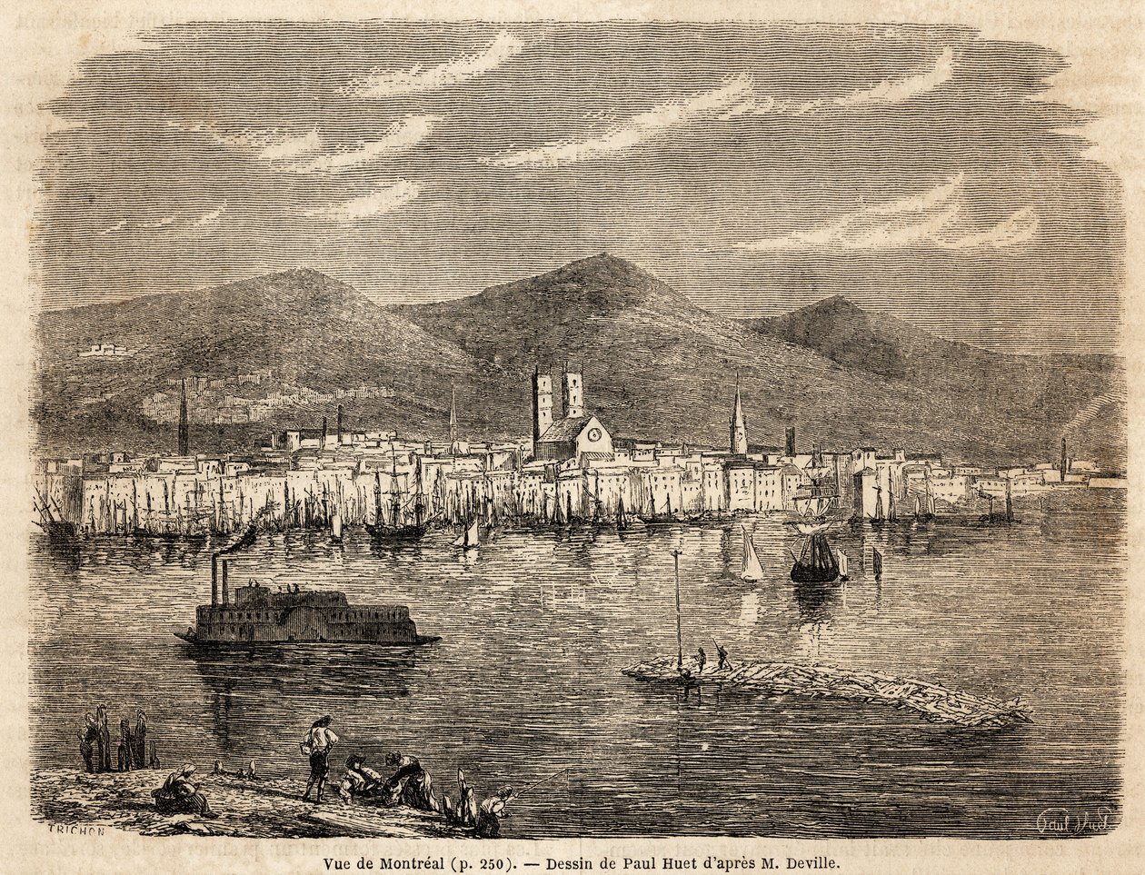 Montrealin näkymä, Paul Huetin (1803-1869) piirustus havainnollistamaan matkoja Pohjois-Amerikkaan vuosina 1854-1855, L. Deville. Kaiverrus ”” Le tour du monde”” 1861. Selvan kokoelma. tekijältä Paul Huet