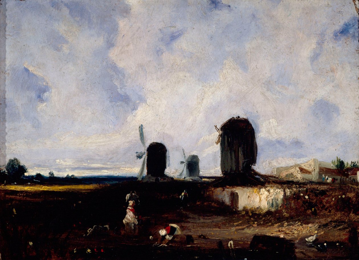 Tuulimyllyt Montrougen tasangoilla, n. 1820 (öljy kankaalle) tekijältä Paul Huet