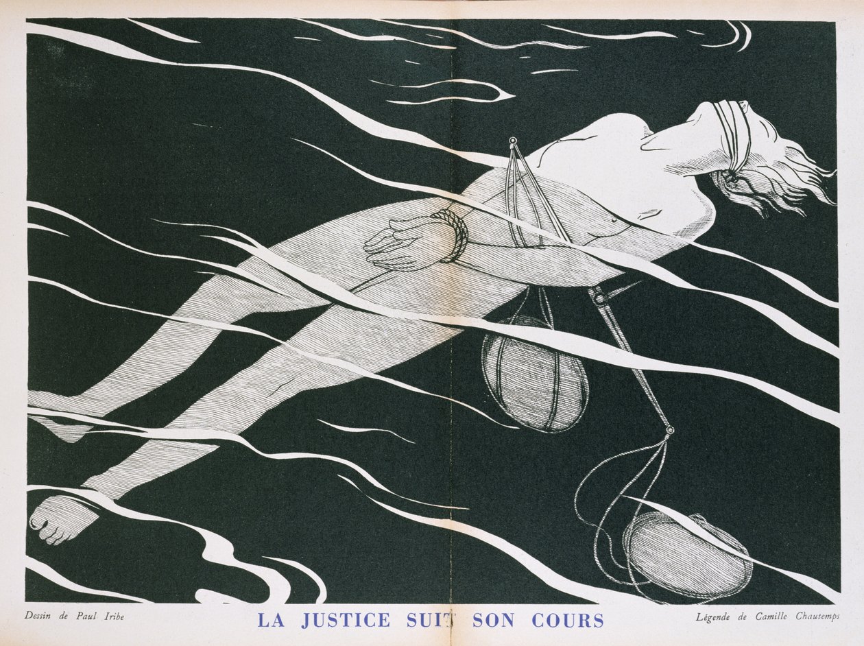 "Justice Follows its Course", karikatyyri oikeusjärjestelmästä, Flouryn julkaisemasta "Parlons Francaisista". 1934 tekijältä Paul Iribe