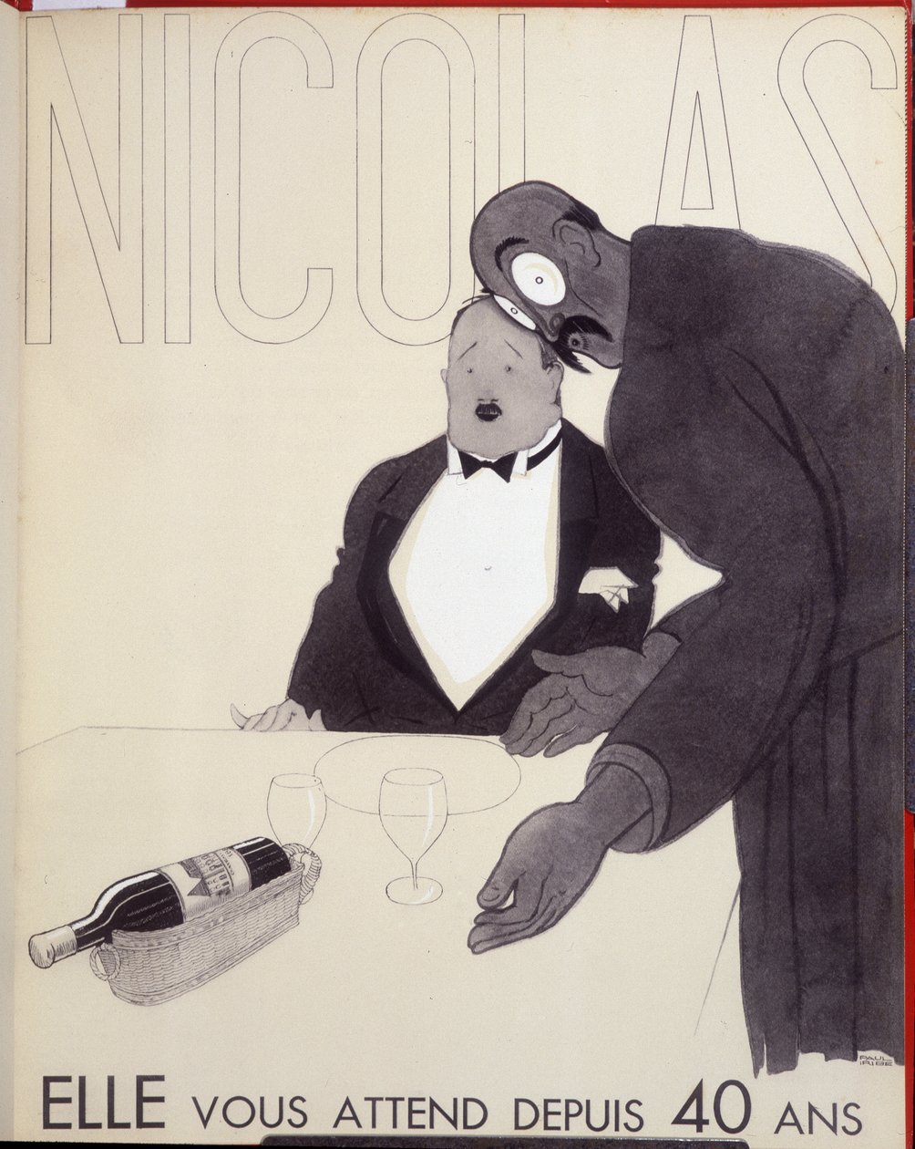 Hän on odottanut sinua 40 vuotta Ravintolan tarjoilija kääntyy asiakkaan puoleen suunnittelemalla viinipullon. - Nicolasin mainos, Paul Iriben (1883-1935) piirustus tekijältä Paul Iribe