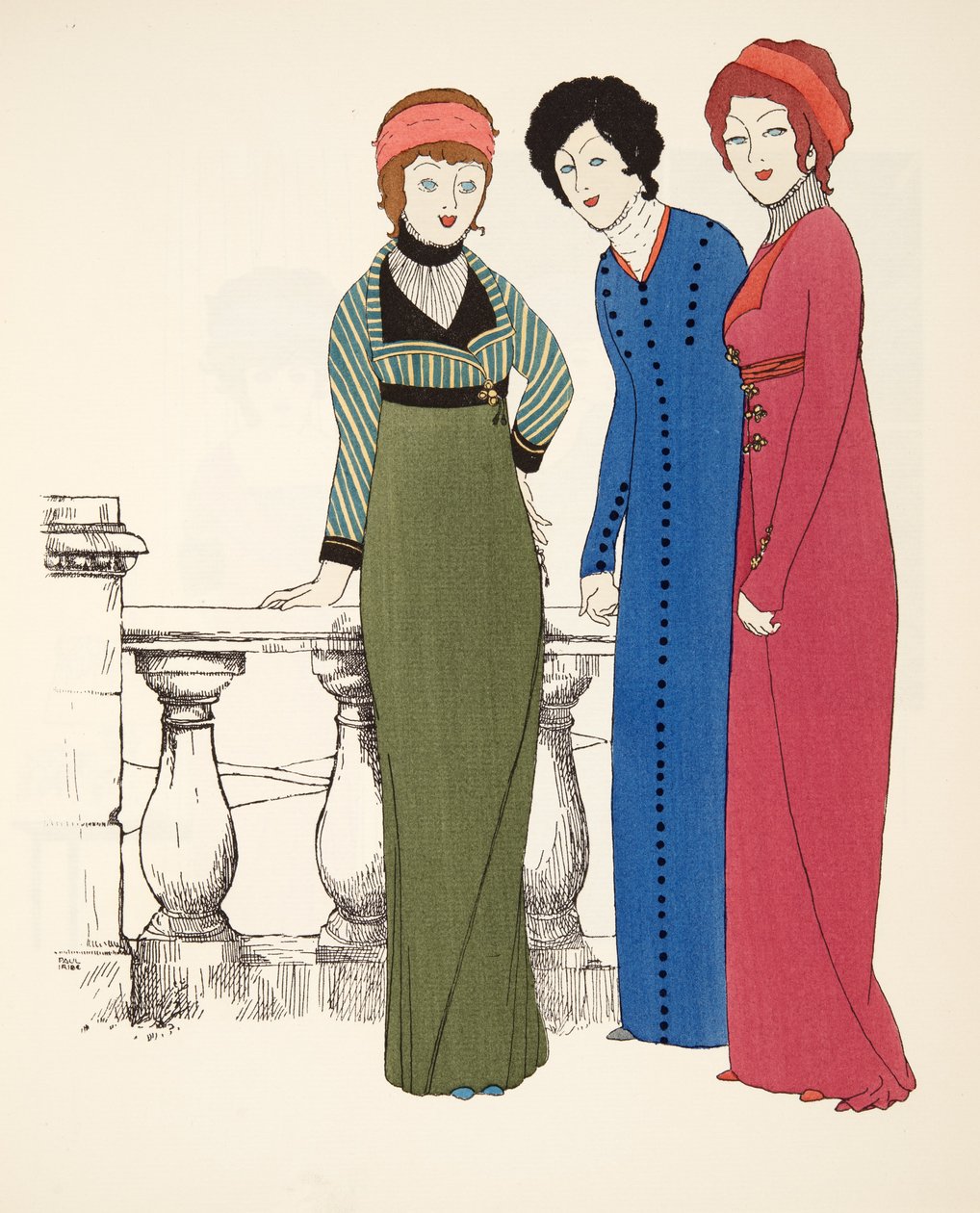 Kolme Empire Line -iltatakkia Les Robes de Paul Poiret -pubista. 1908 (stensiiliprintti) tekijältä Paul Iribe