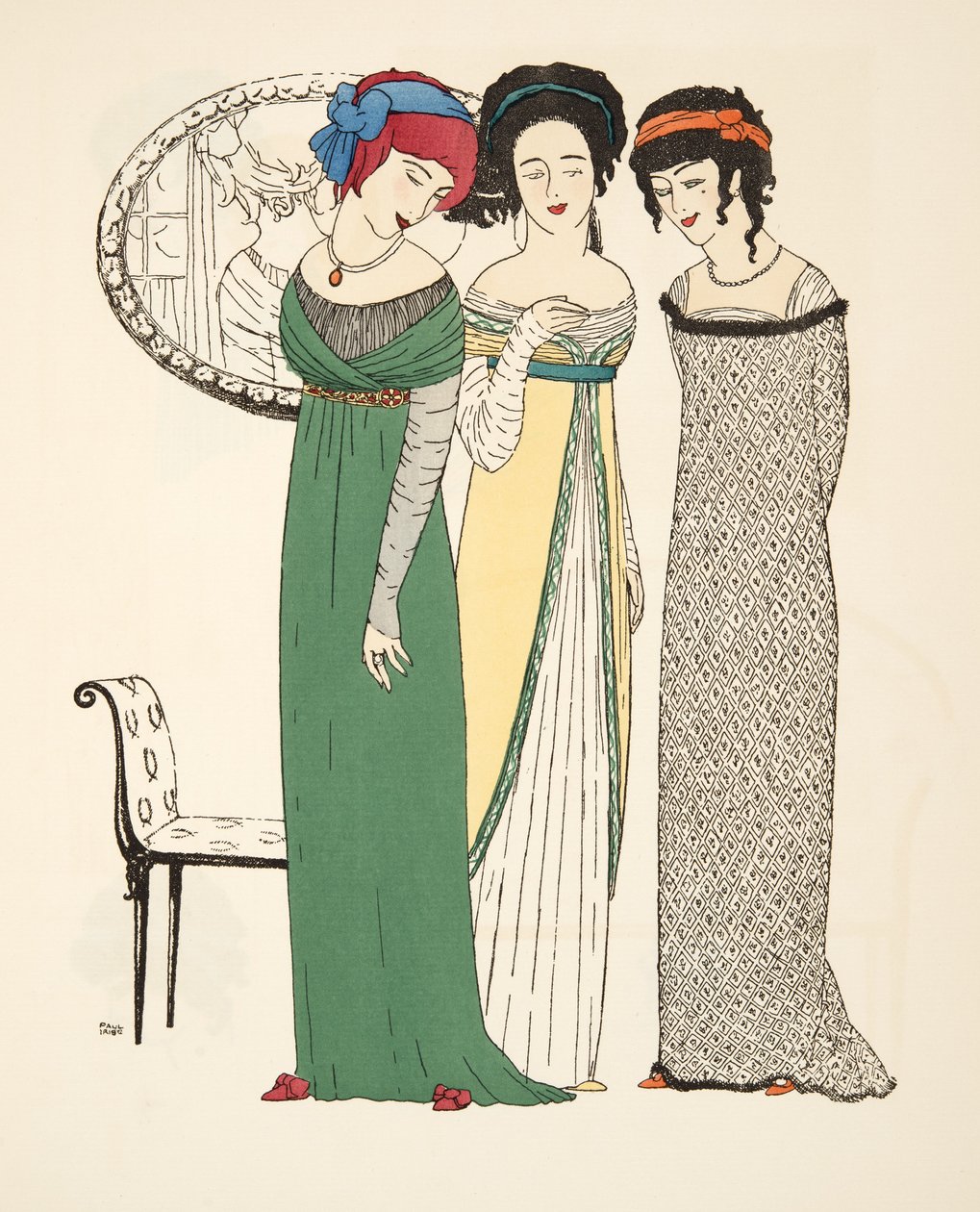 Kolme iltapukua Les Robes de Paul Poiret -pubista. 1908 (stensiiliprintti) tekijältä Paul Iribe