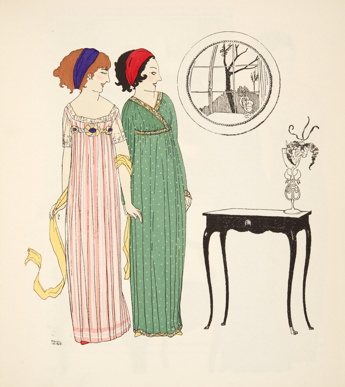 Kaksi empire line -päivämekkoa Les Robes de Paul Poiret -pubista. 1908 (stensiiliprintti) tekijältä Paul Iribe