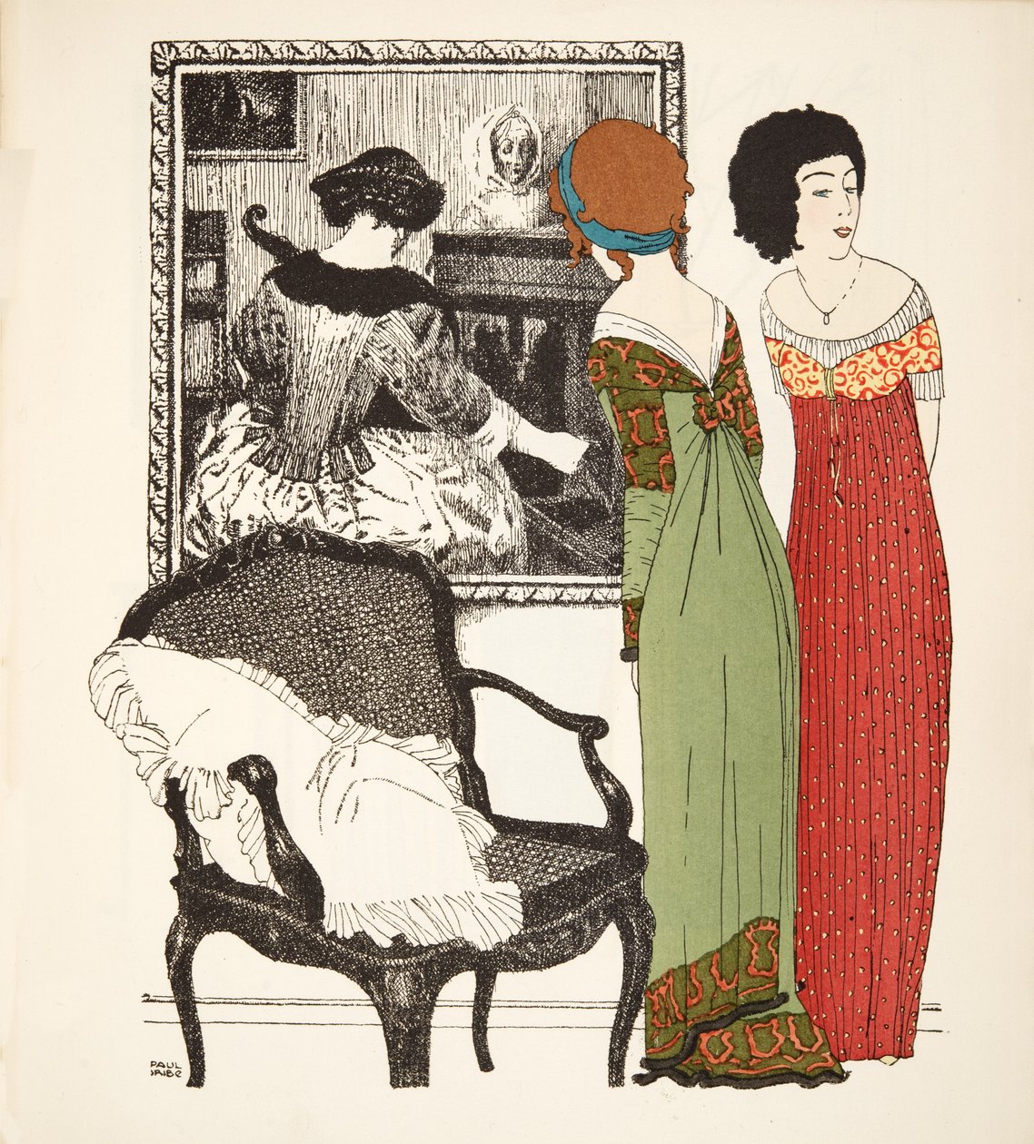 Kaksi empire line -mekkoa Les Robes de Paul Poiret -pubista. 1908 (stensiiliprintti) tekijältä Paul Iribe