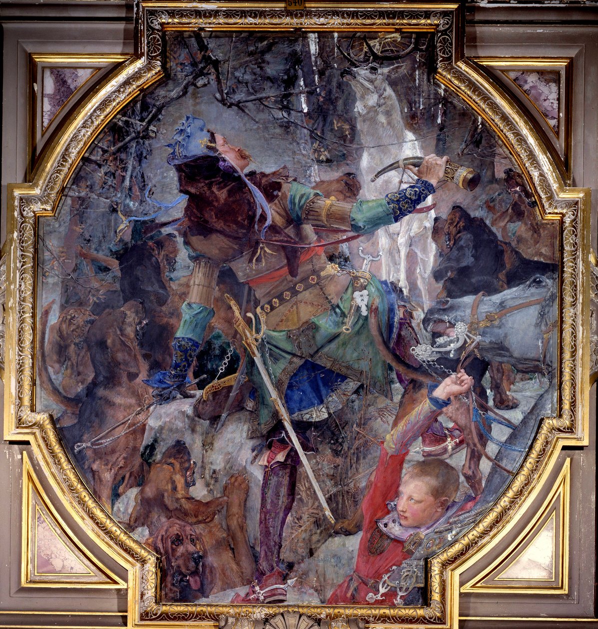 Pyhän Hubertin näyssä, joka meni metsästämään metsään, näkee ihmeellisesti Jumalan ilmestyvän peuran muodossa. Paul Jacques Aime Baudryn (1828-1886) kanvasmarouflee 1882 su. 2,3x2,06 m Chantilly, Musee Conde tekijältä Paul Jacques Aimé Baudry