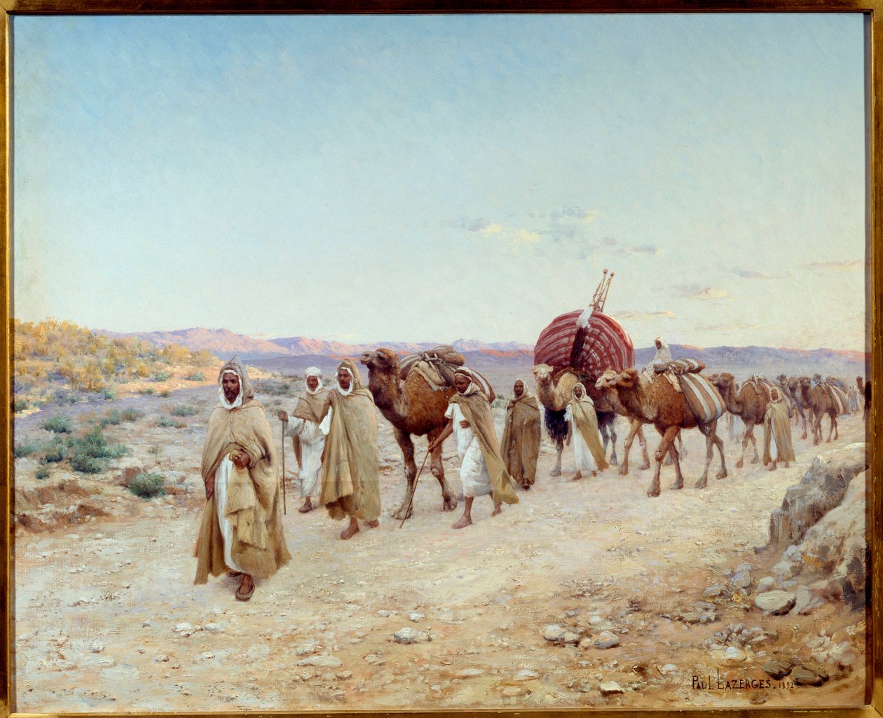 Karavaani autiomaassa lähellä Biskraa Algeriassa vuonna 1892 Jean Baptiste Paul Hippolyte Lazergesin maalaus, Paul Lazerges (1845-1902) 1892 Su. 0,81x1,01 m Nantes, musee des Beaux Arts - Karavaani autiomaassa lähellä Biskraa, Algeria tekijältä Paul John Baptiste Lazerges