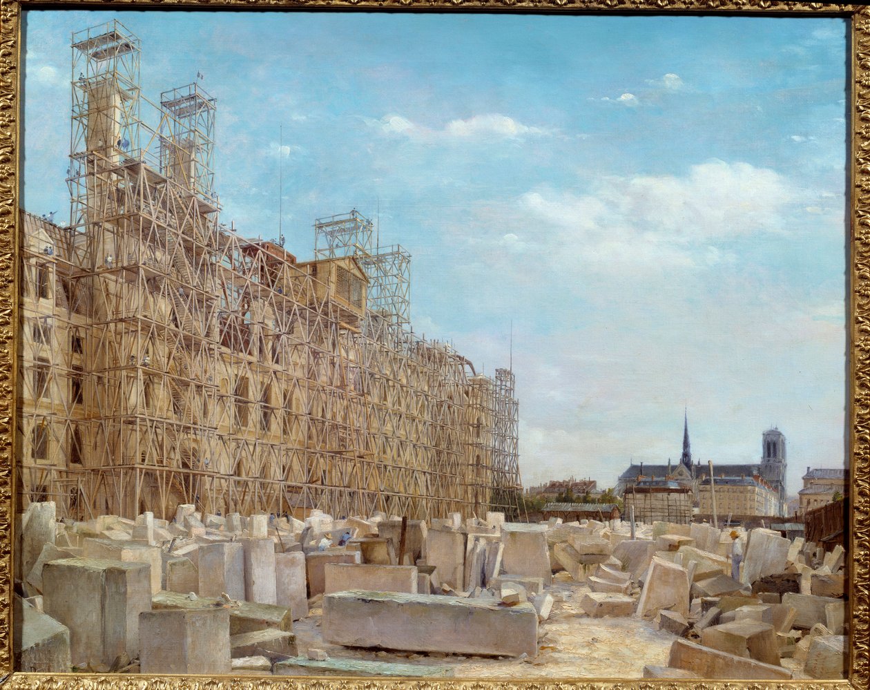 Pariisin kaupungintalo jälleenrakennuksessa Rakennus, joka tulipalo 1871 communards, on rakennettu uudelleen ja peitetty rakennustelineillä ja kivilohkolla. Victor Dargaudin maalaus (n. 1850-a. 1913) 1880 Su. 0,65 x 0,81 m Pariisi, museo Carnavalet - Kaupu tekijältä Paul Joseph Victor Dargaud