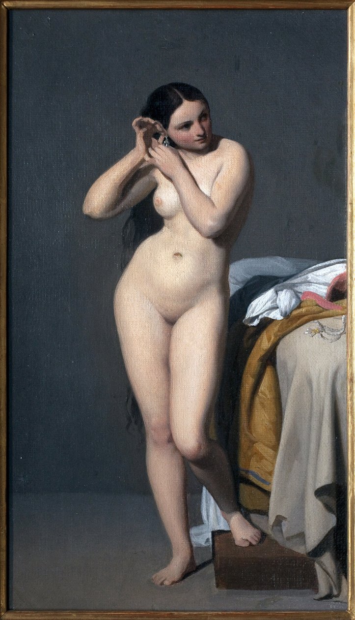 Nakedilla on konsoli. Paul Jourdyn (1805-1856) maalaus öljy kankaalle. ranskalainen art tekijältä Paul Jourdy