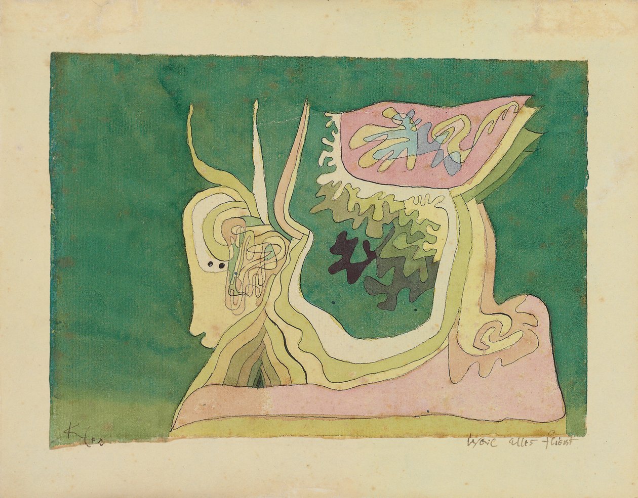 Koska kaikki virtaa; Weil Alles Fliesst, n. 1929 (akvarelli, kynä ja muste paperille) tekijältä Paul Klee
