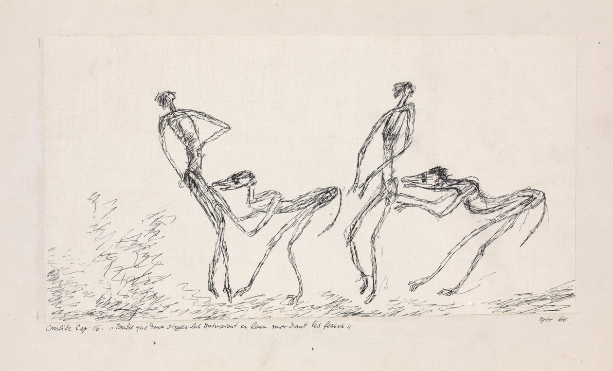 Candide, luku 16. Kun kaksi apinaa seurasi heitä puremassa pakaraan, 1911. tekijältä Paul Klee