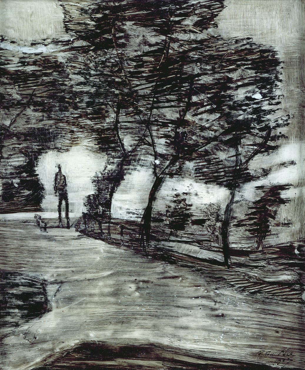 Puistopolku, pitkä mies ja koira tekijältä Paul Klee