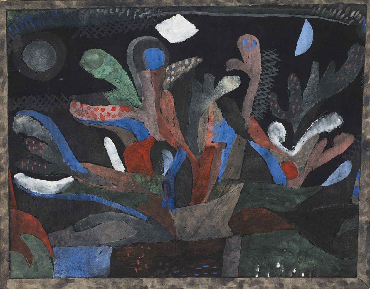 Kuva puutarhasta tummissa väreissä Dunkelbuntes Gartenbild, 1923 tekijältä Paul Klee