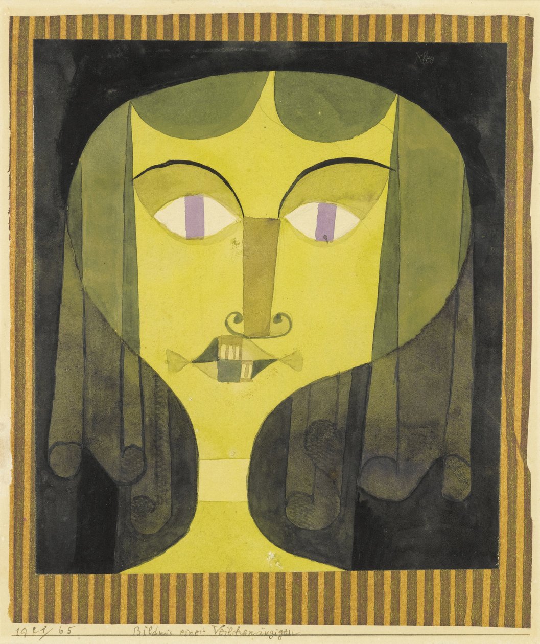 ""violettisilmäisen naisen muotokuva"" (violettisilmäisen naisen muotokuva) Paul Kleen (1879-1940) akvarelli - 1921 - Koko 22,1x19 cm Yksityiskokoelma tekijältä Paul Klee