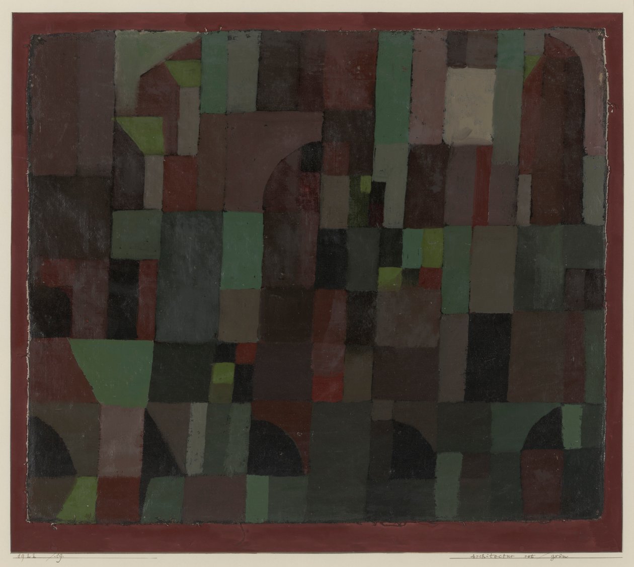 Punainen/vihreä arkkitehtuuri (keltainen/violetti sävytys) tekijältä Paul Klee