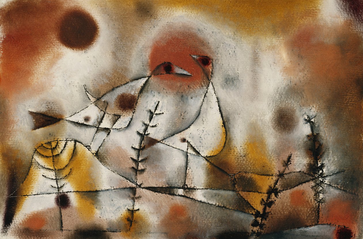 Lumi kanat; Schneehuhn, n. 1920 (guassi, kynä ja muste ja sivellin paperille) tekijältä Paul Klee