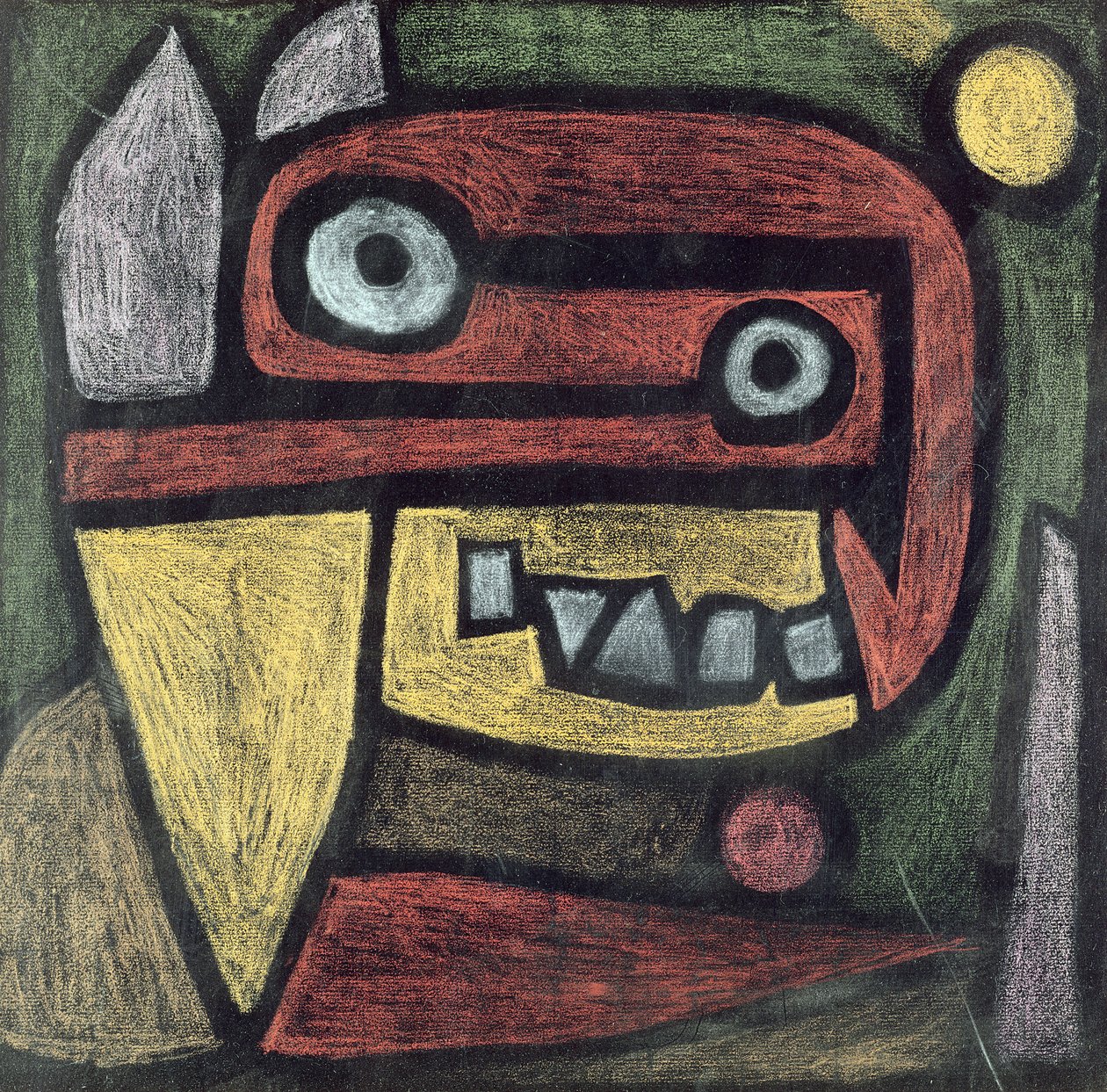 Nimetön (Naamio: villieläin) n. 1939 (värikynä ja värillinen tahna paperille) tekijältä Paul Klee