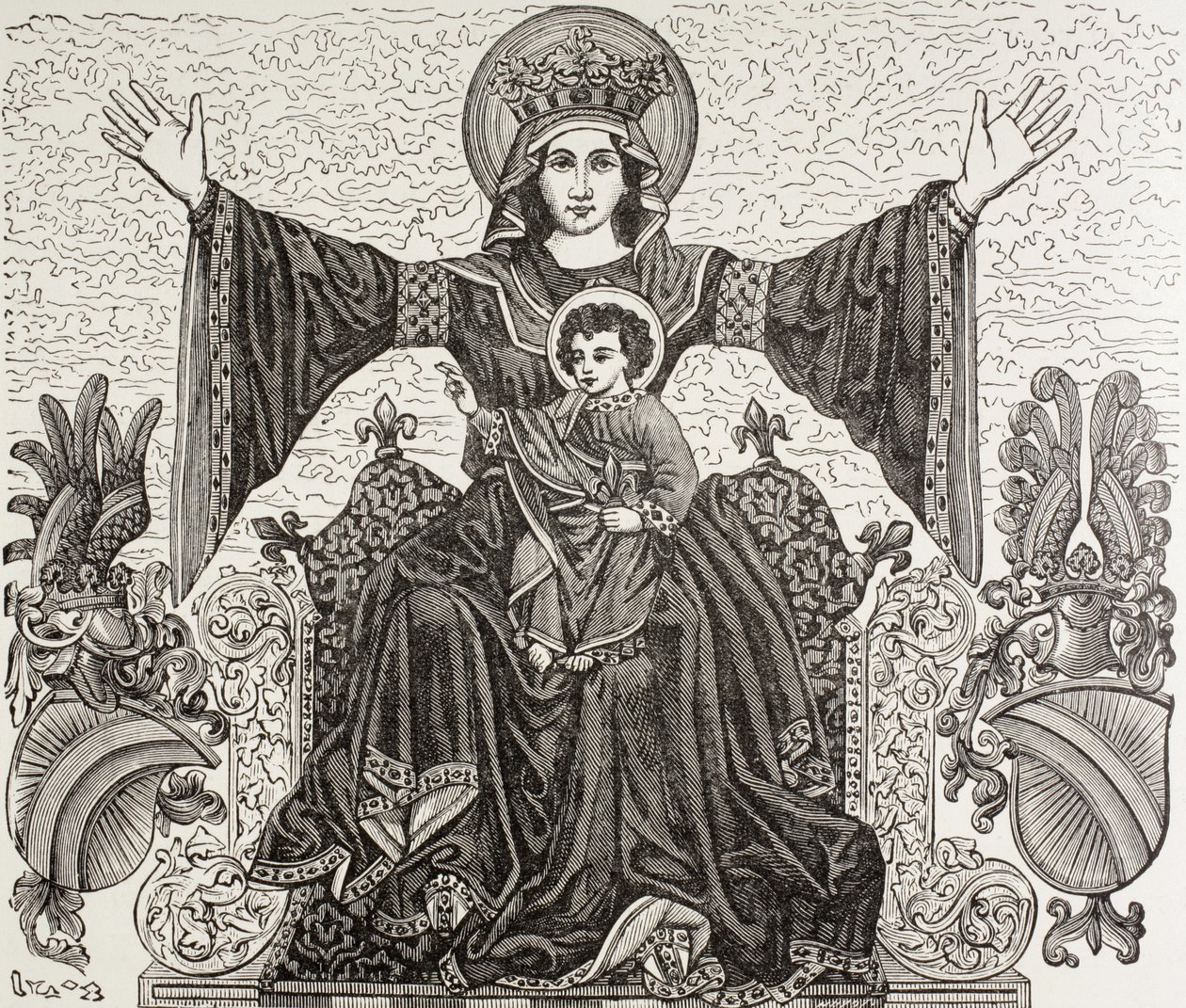 Strasbourgin kaupungin vanha lippu, Ranska. Siinä on Neitsyt Marian kuva, jolle kaupunki omistettiin 13. vuosisadalla. Lippu tuhoutui vuonna 1870 pommituksen aikana. tekijältä Paul Lacroix