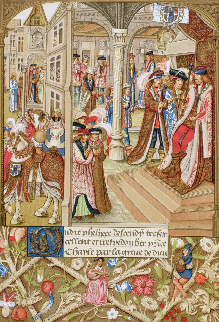 Kaarle Rohkea, Burgundin herttua, 1433-1477, istumassa valtaistuimellaan ja hänen paroniensa ja neuvonantajiensa seurassa. 1400-luvun käsikirjoituksen mukaan, Burgundin lyhennetty kronikka. tekijältä Paul Lacroix