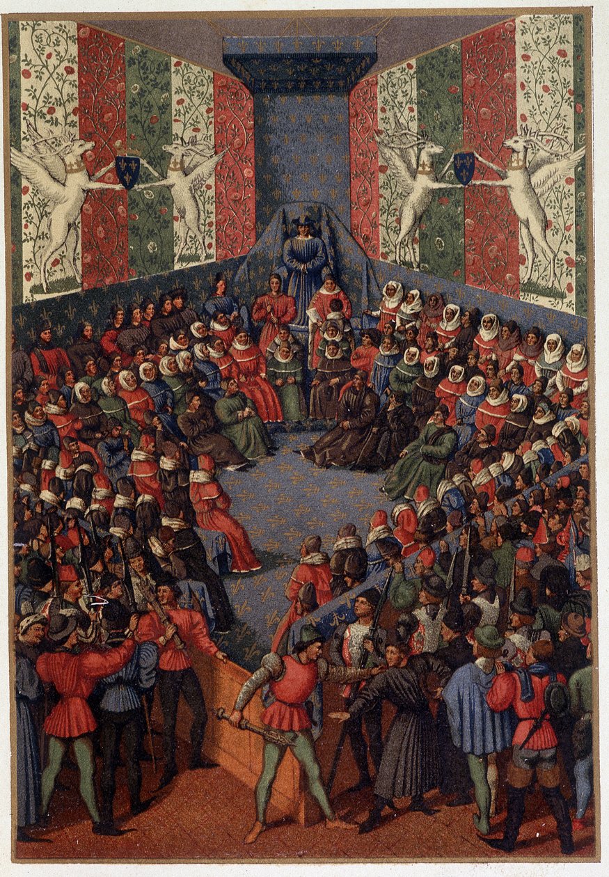 Kaarle VII puheenjohtajana Alenconin herttua Johnin (englannin liittolaisen) tuomiota Vendomessa vuonna 1458 - Fouquet